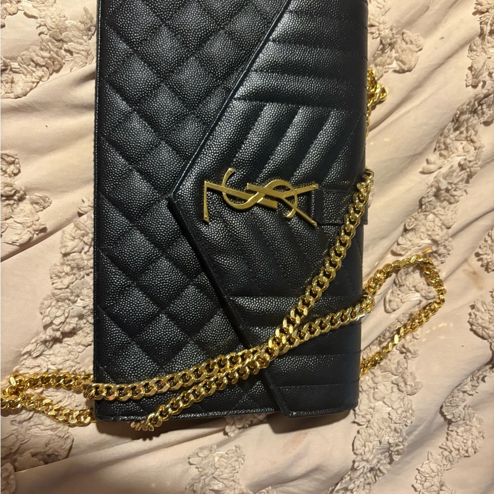 Yves Saint Laurent Black Quilted Clutch with Gold Chain